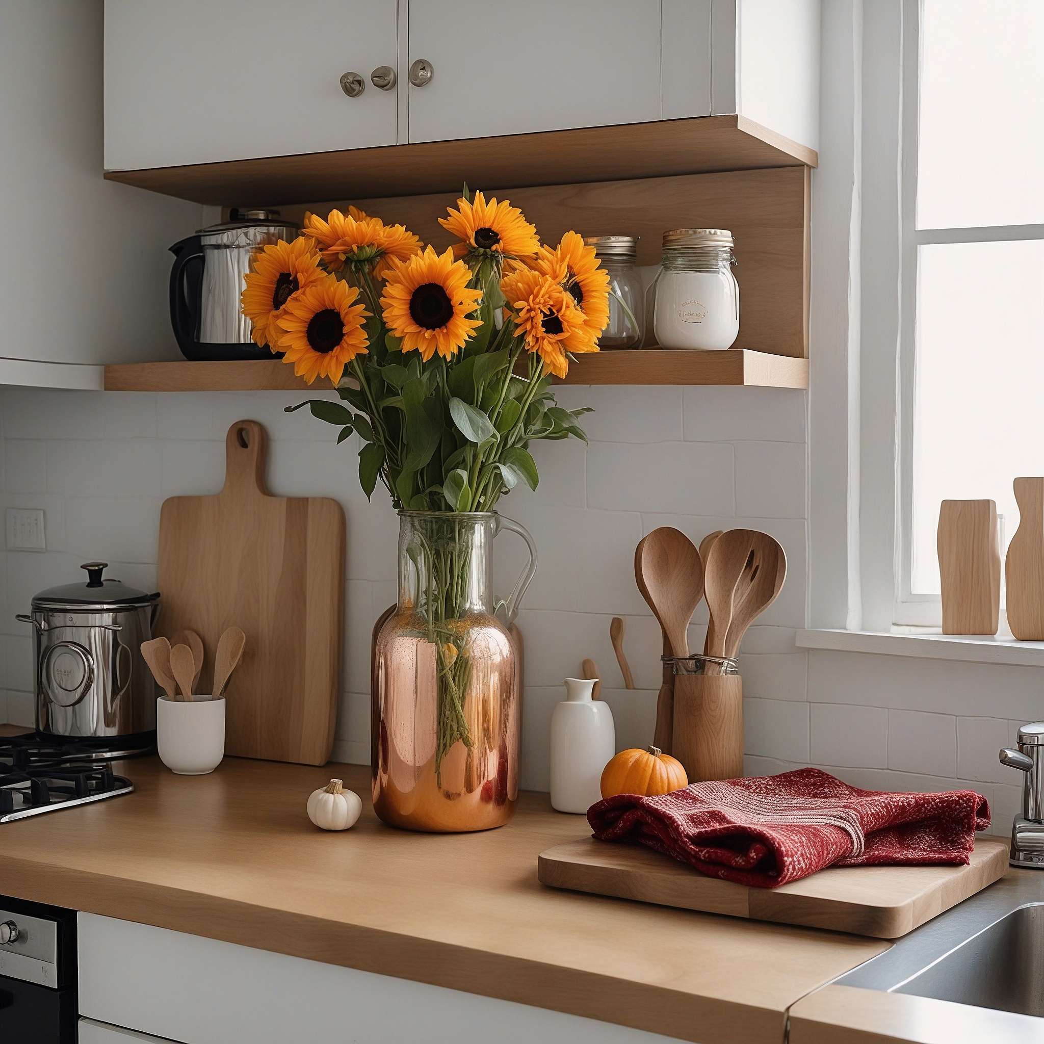 Kitchen Fall Decor Guilded Vase With Sunflowers