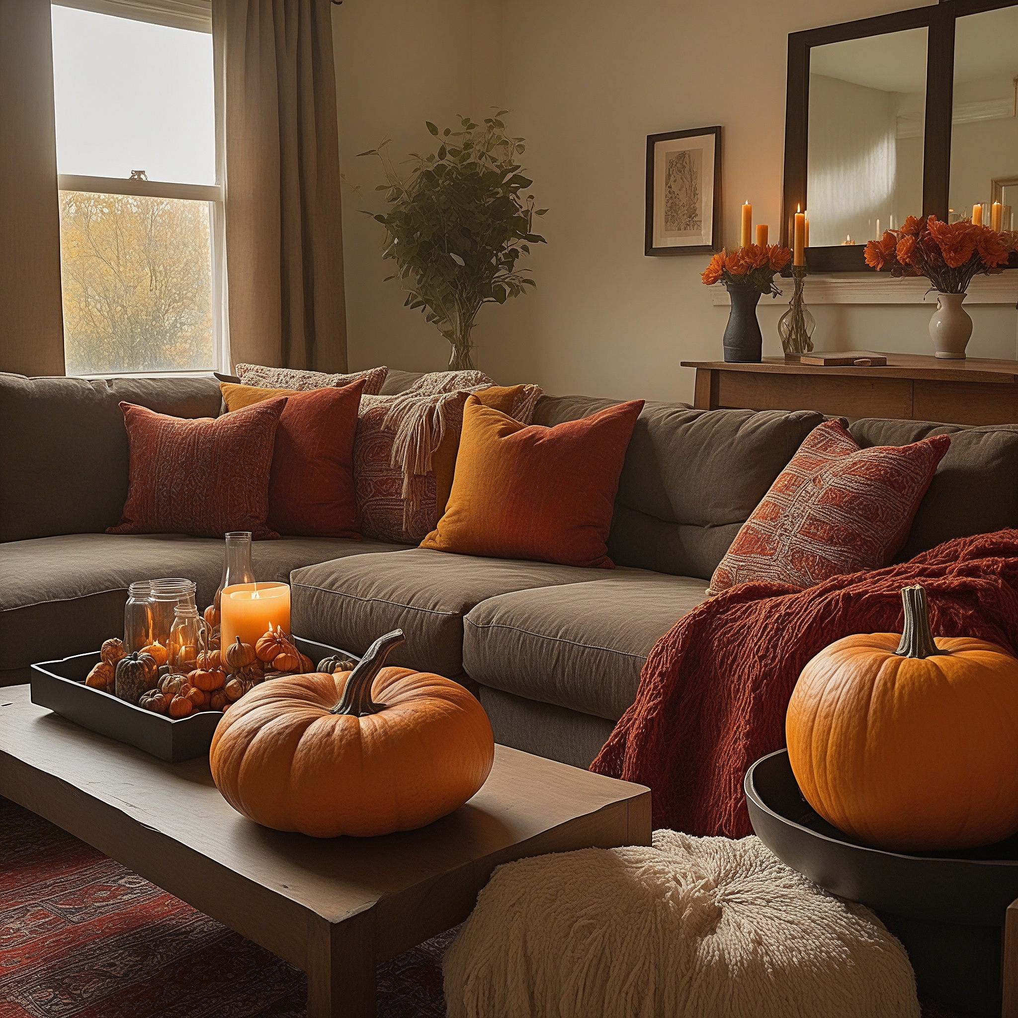 Living Room Fall Decor Wtih Fall Colored Pillows, Pumpkin Themed Accessories