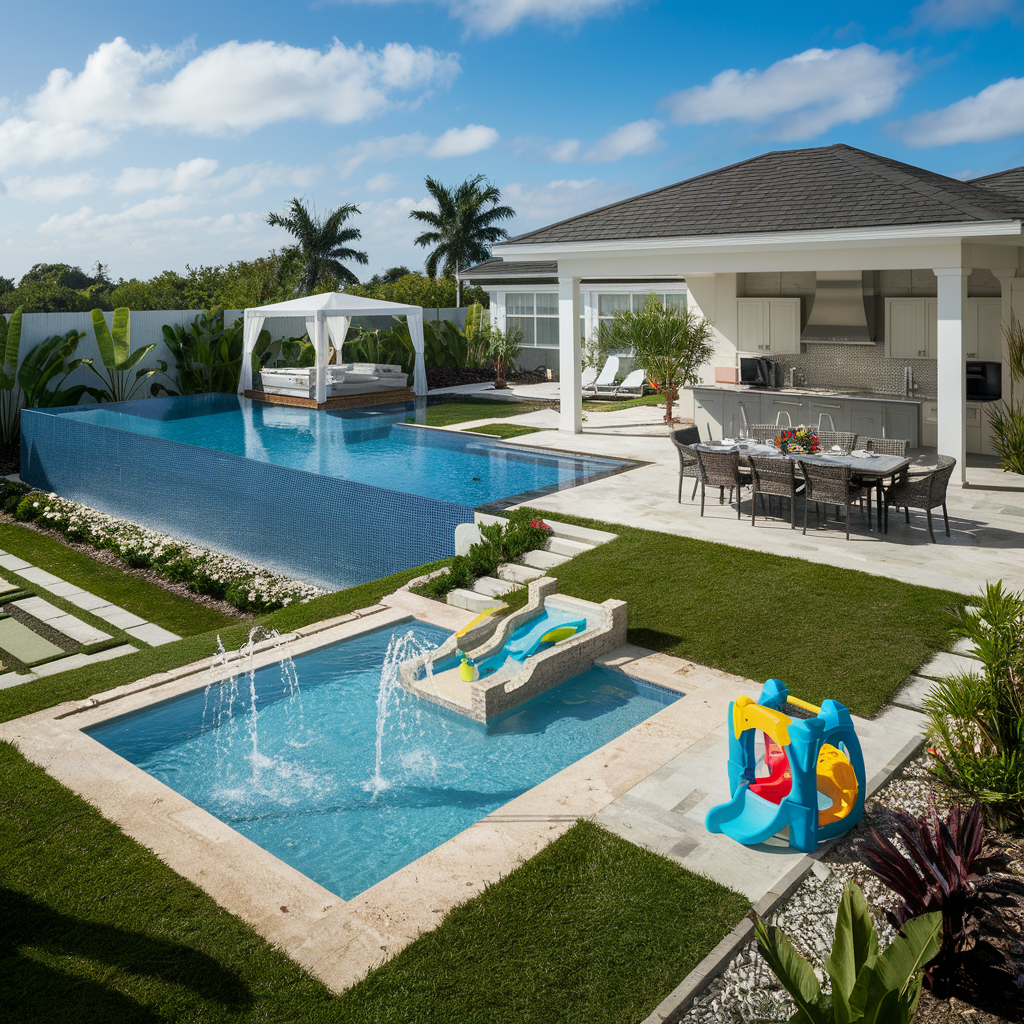 Luxurious Family Backyard with Infinity Pool, Poolside Cabana, Outdoor Dining Area, Small Children's Pool a Play Area And Garden