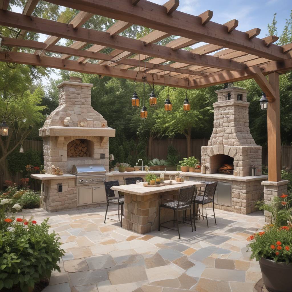 Luxurious Patio Extension With Flagstone Floor, Outdoor Kitchen With Stone Countertop And Pergola Covered Dining Area