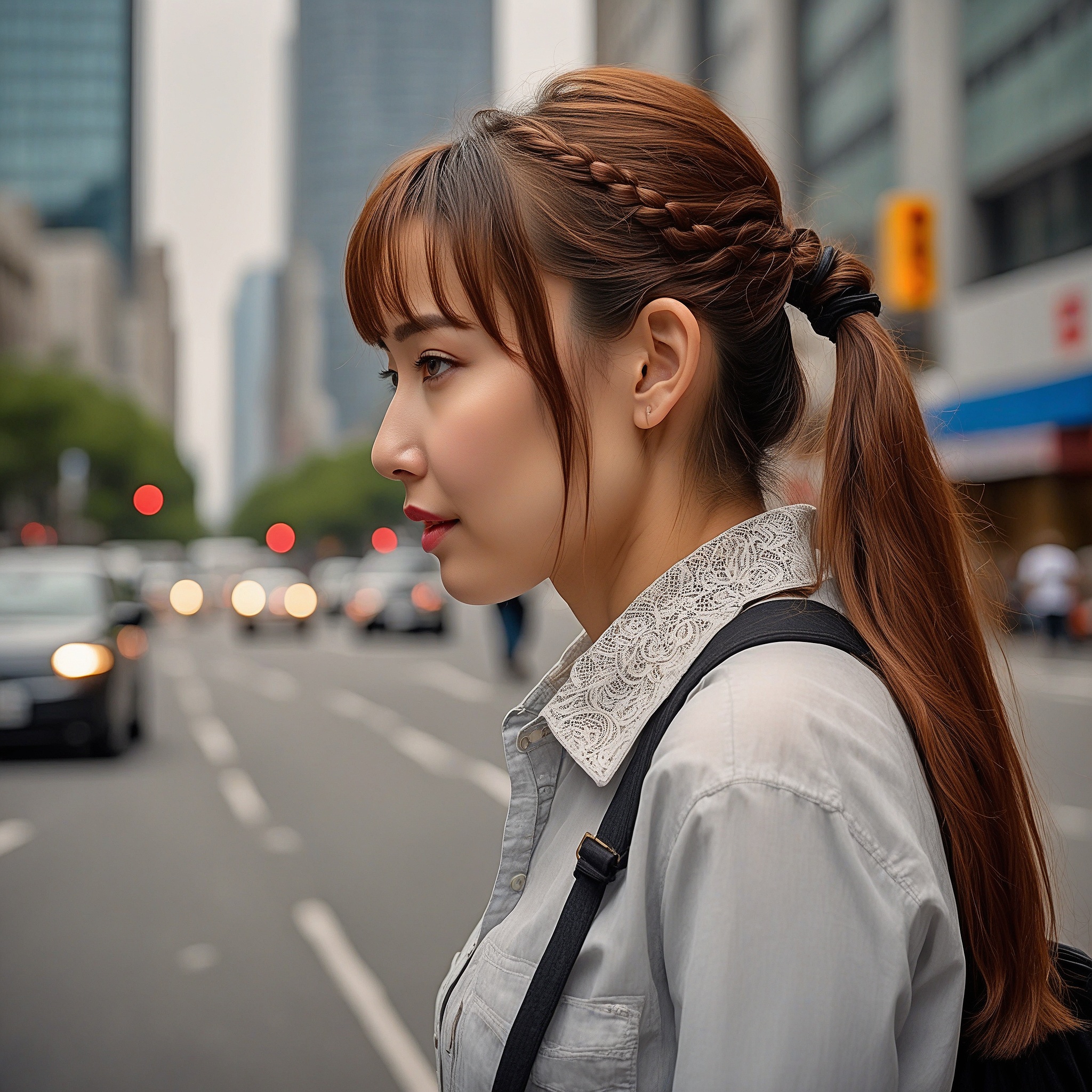 Mahogany WIth BHalo Braid And Ponytail