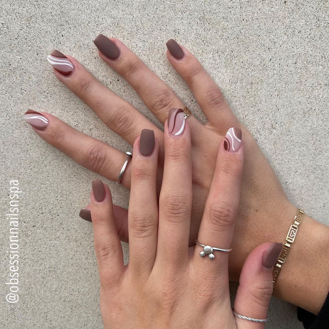 Matte Dark Brown Nails With Brown And White Lines