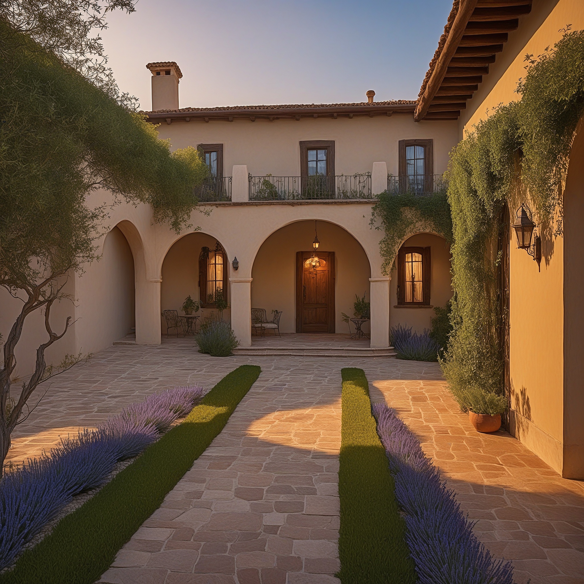 Mediterranean-inspired Landscaping With Olive Trees, Lavender Plants, Cobblestone Pathway