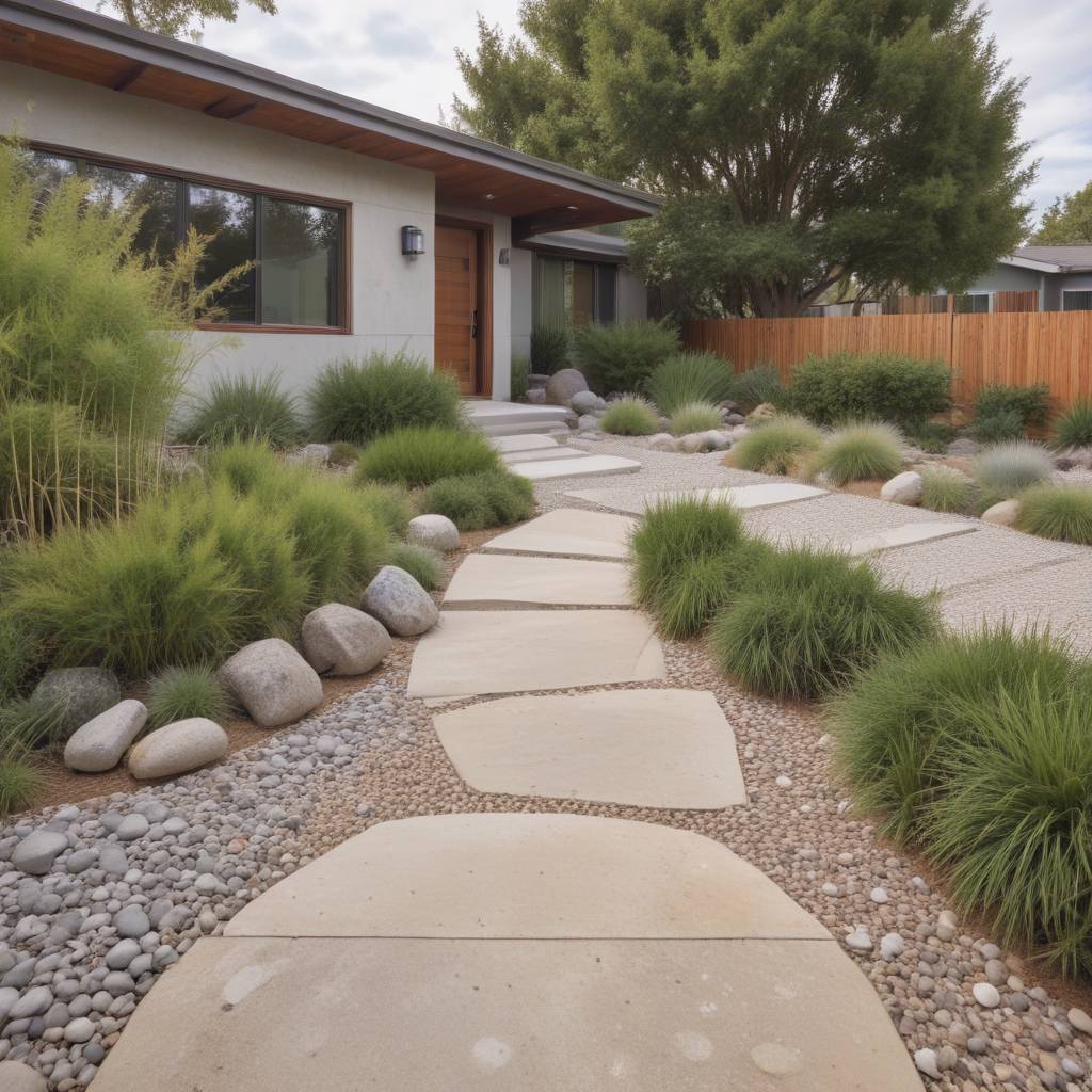 Mid-century Modern Home With Minimalist Landscaping With Mix of Grasses Surrounding a Gravel Pathway