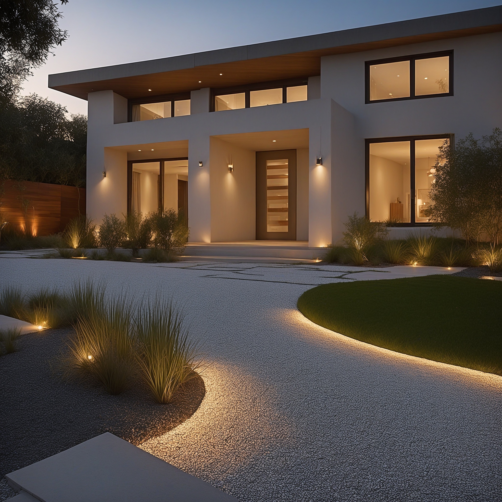 Minimalist Home With Geometric Lawn Design, Gravel Beds With Drought-tolerant Pants, Stone Walkway And Garden Lights