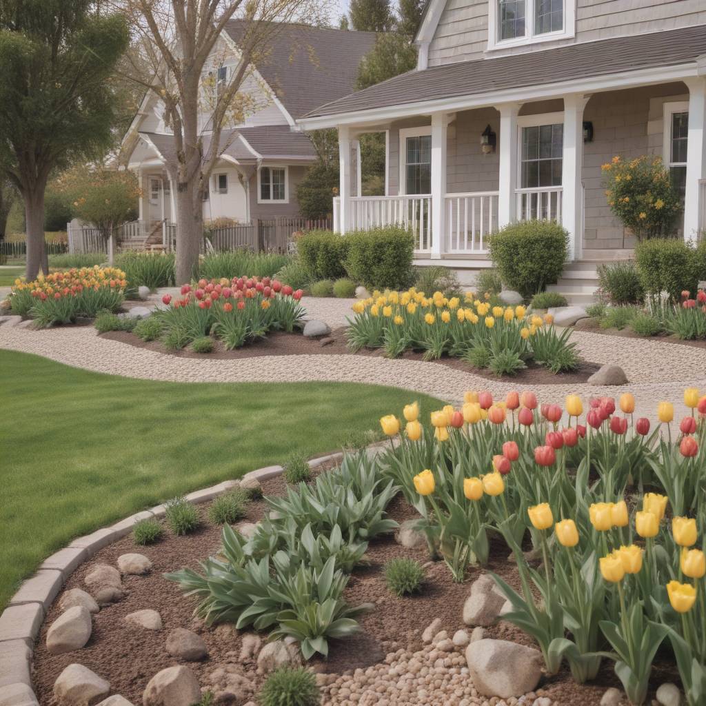 Minimalist Landscaping With Gravel Beds With Tulips and Daffodils, and a Large Lawn