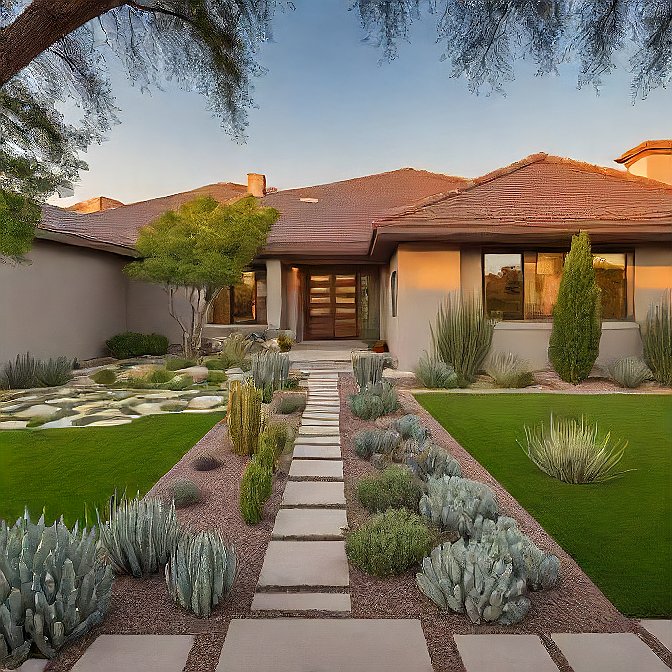 Minimalistic Landscaping With Green Lawn, Boulders, and Drought-resistant Plants