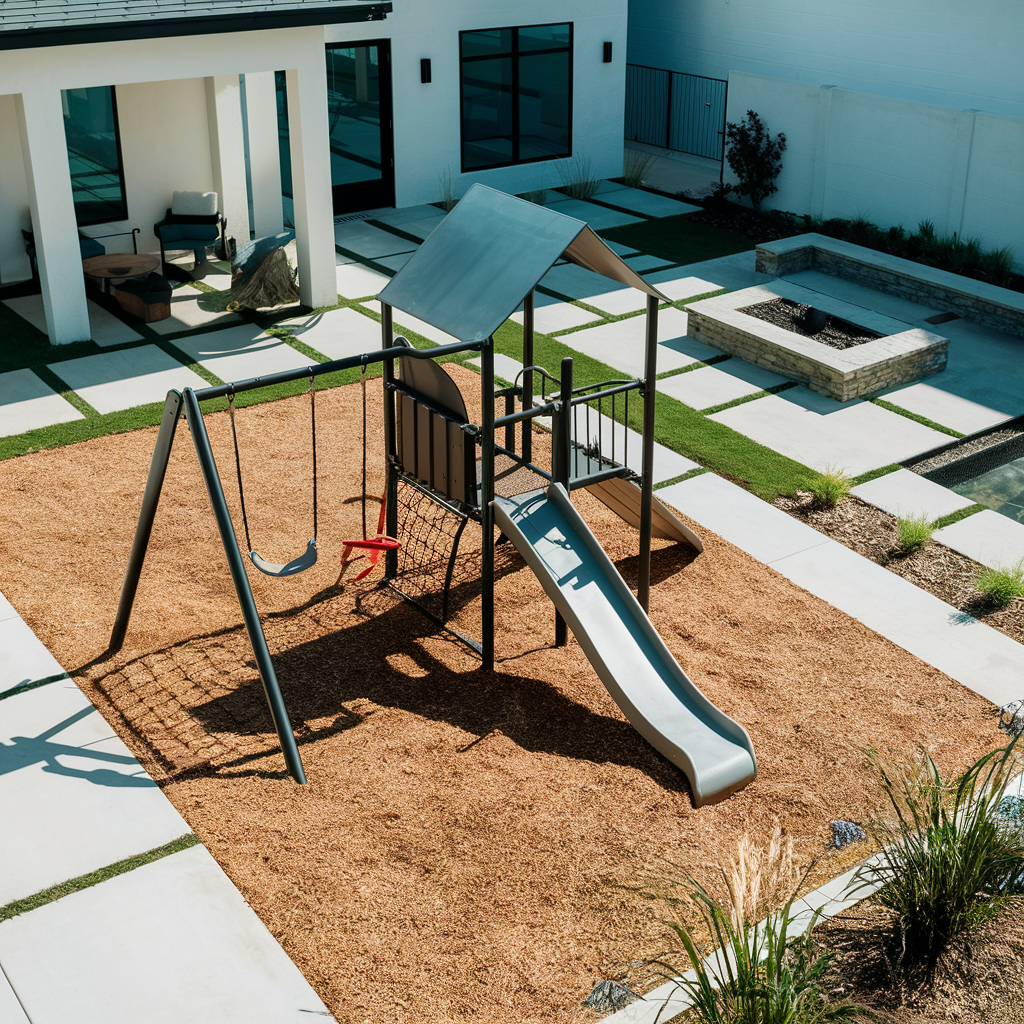 Modern Backyard, Metal Playset on Soft Mulch, Pavers, Searing Area And Fire Pit