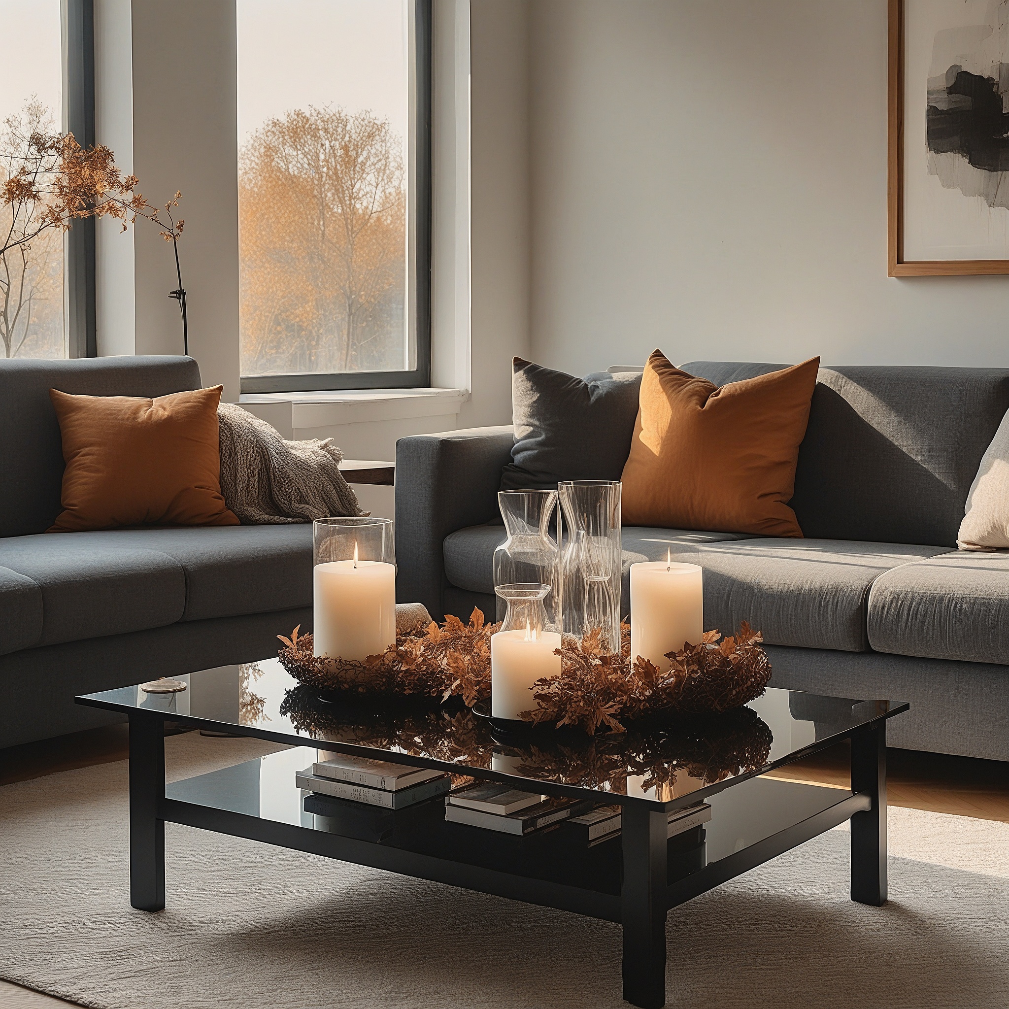 Modern Fall Living Room Decor With Glass Vases, Candles And Maple Leaves