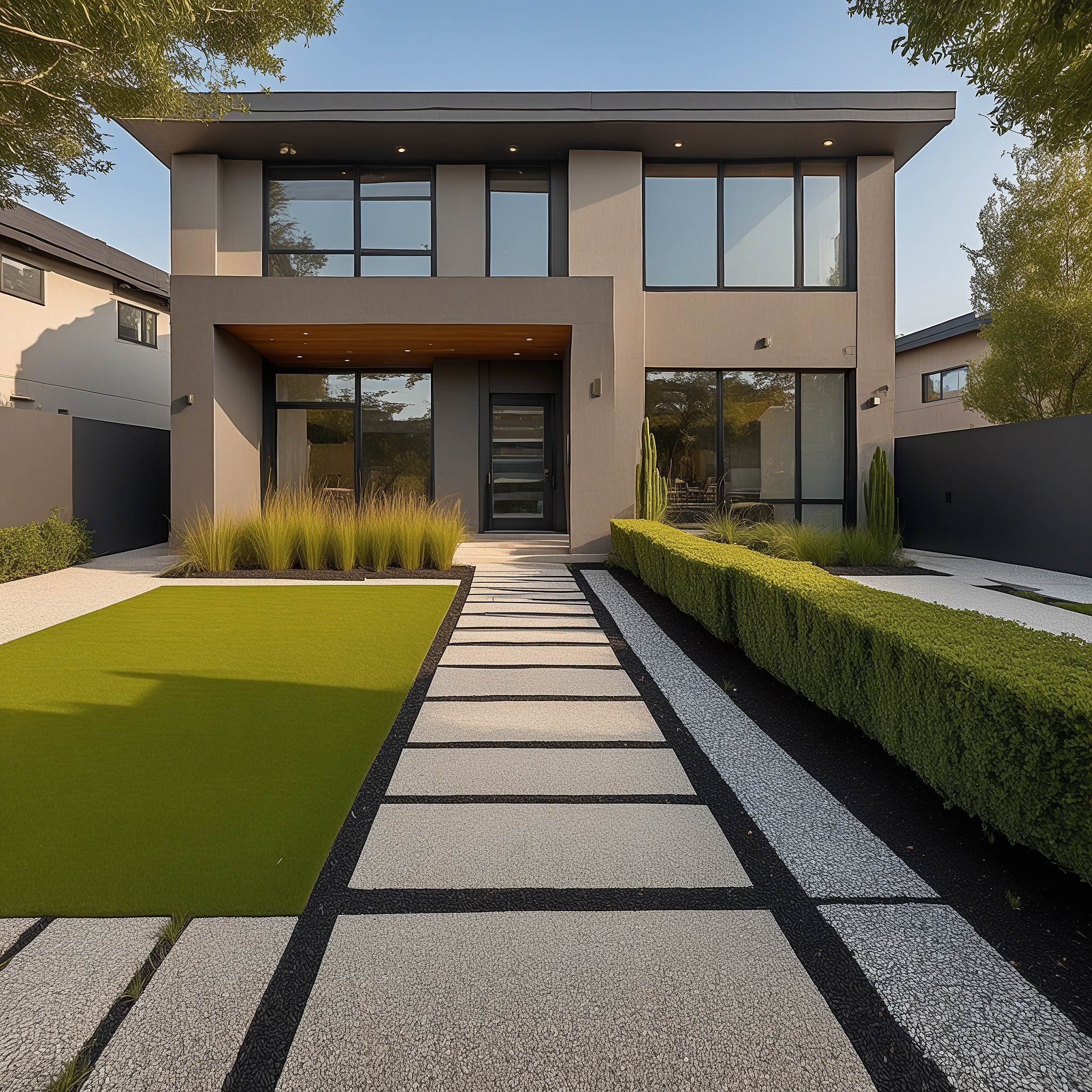 Modern Home With Seek Geometric Design, Decorative Grasses and Stepping Stones