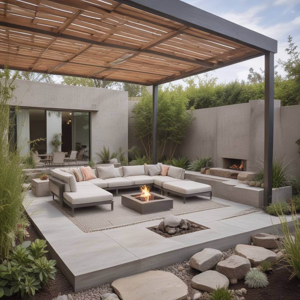 Modern Patio Extension With Concrete Slabs, Sleek Outdoor Sofa Set And Fire Pit