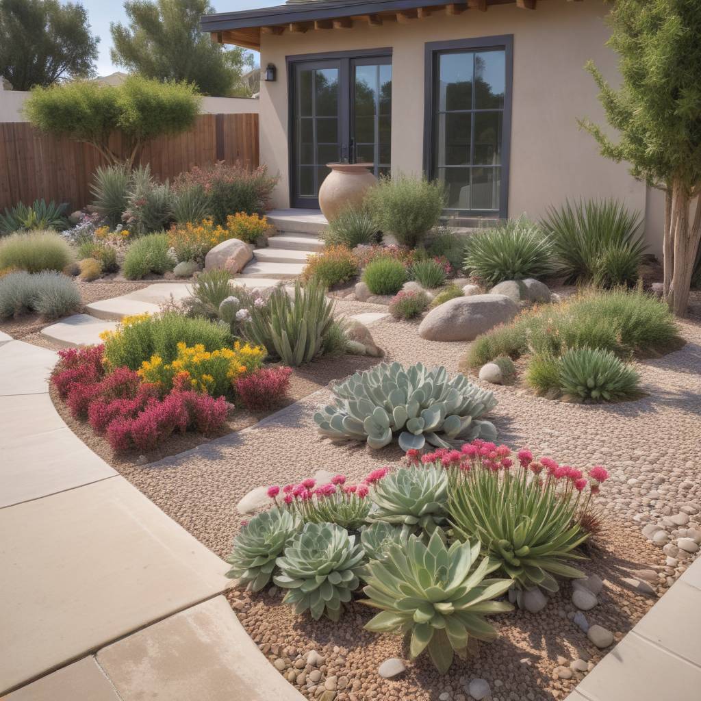 Modern Suburban Home With Succulents, Ornamental Grasses, and CactI In Gravel Beds, Stone Pathways