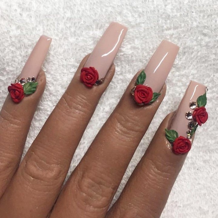 Nude Square Nails With 3D Roses