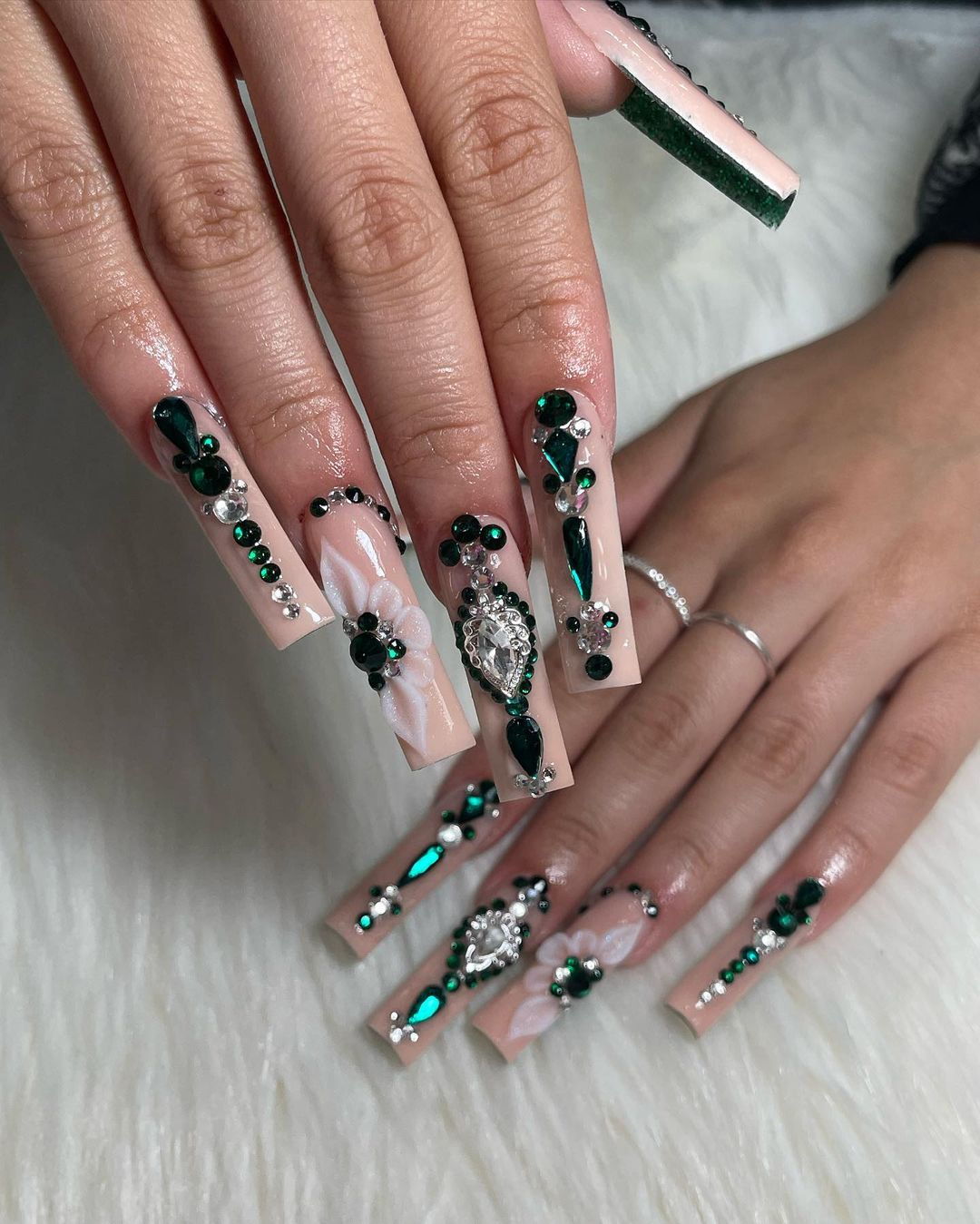 Nude Square Nails With Emerald Rhinestones