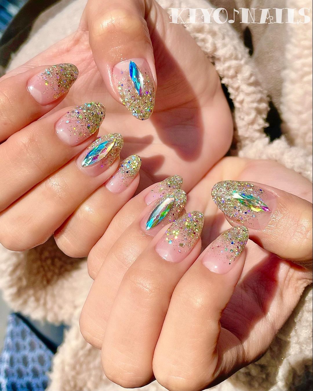 Oval Glitter And Rhinestone Nails