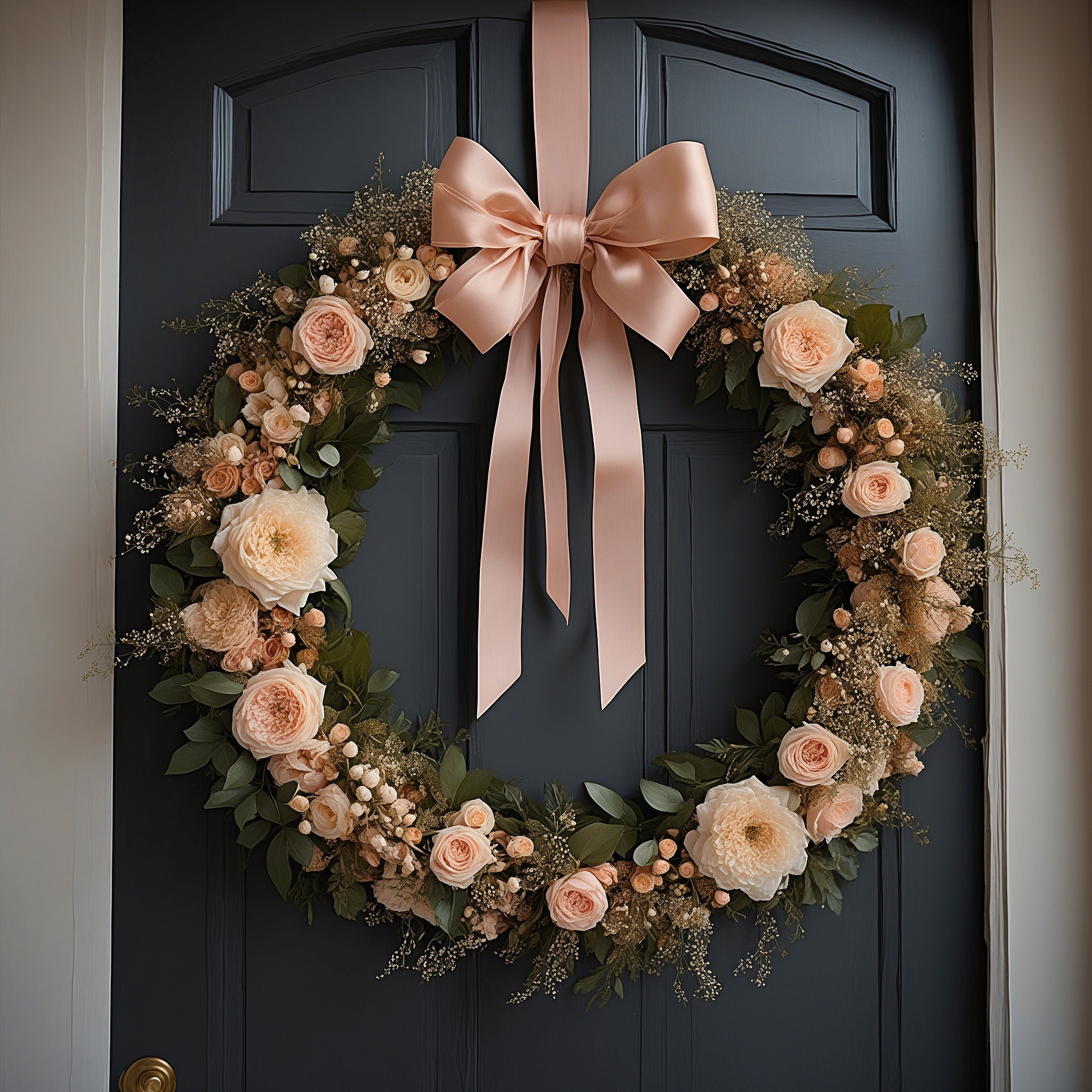 Pastel Pink and Cream Flowers, Gold Berries, and a Silk Bow