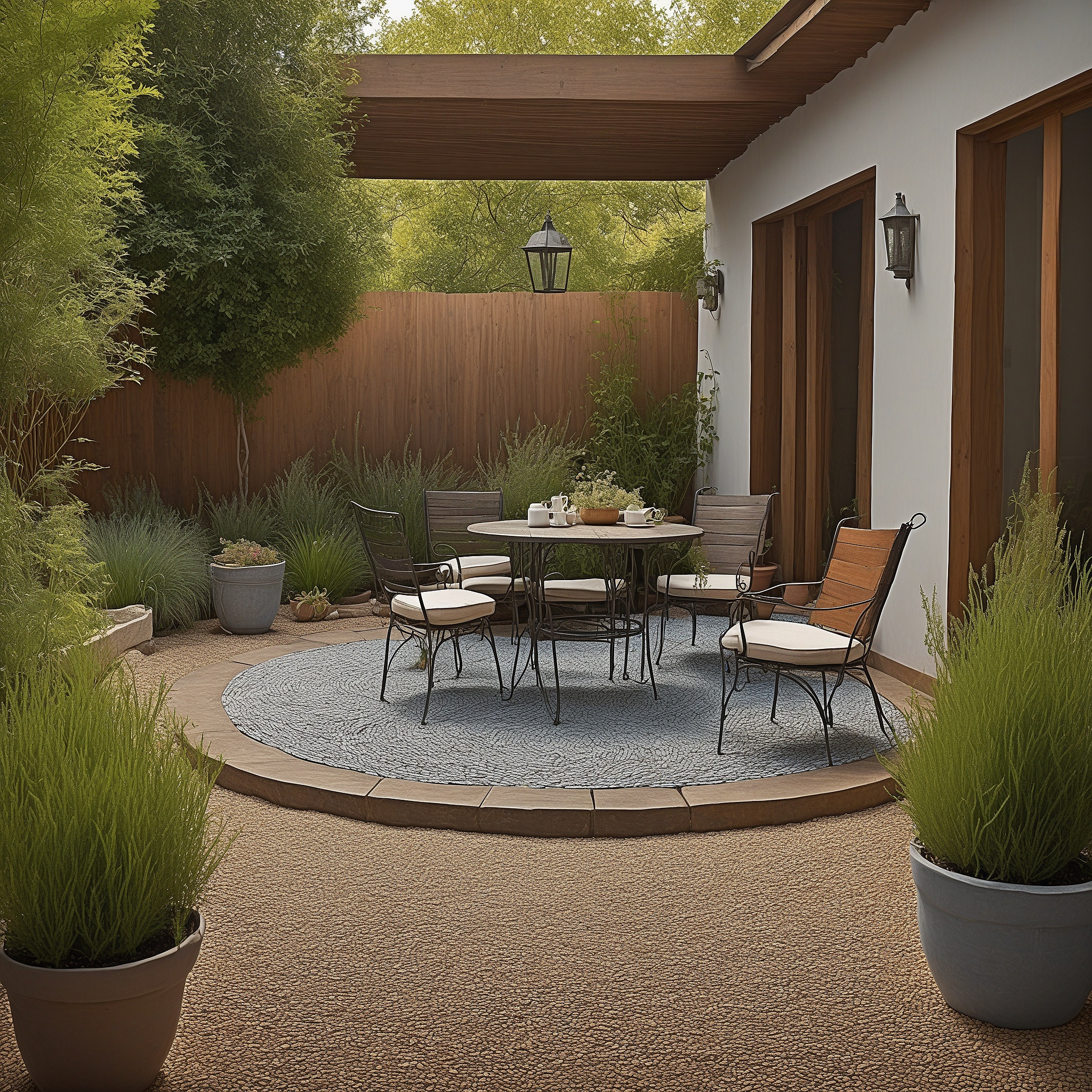 Patio Extension With Pea Gravel, Edged with Natural Stone, Small Bistro Area Surrounded By Garden Beds