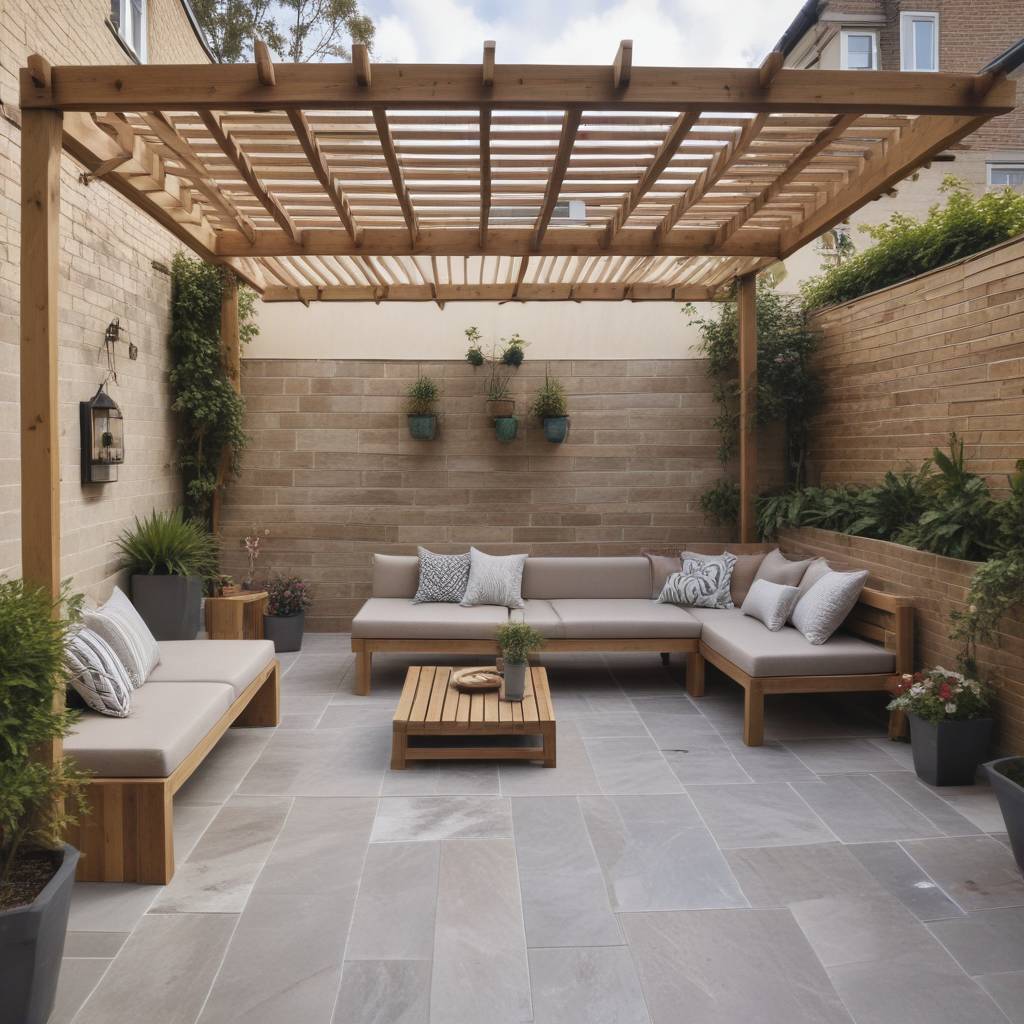 Patio Extension With Tiles, Pergola, And Low Benches Seating Area