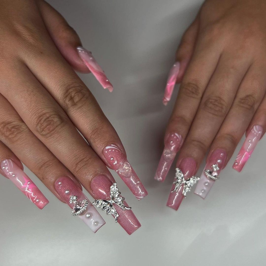 Pink Glitter Nails With Butterfly Ornament