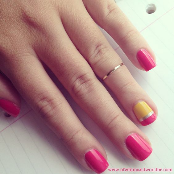 Pink Nails With Yellow Pencil Nails