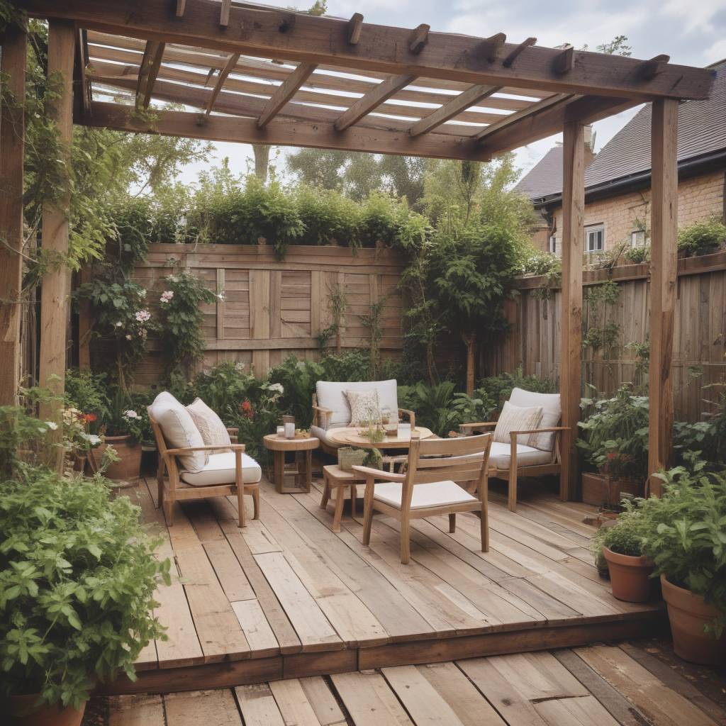 Reclaimed Wood Patio Extension With Rustic Seating Set And Pergola