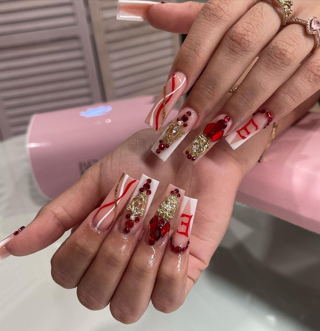 Red And Gold Square Acrylic Nails