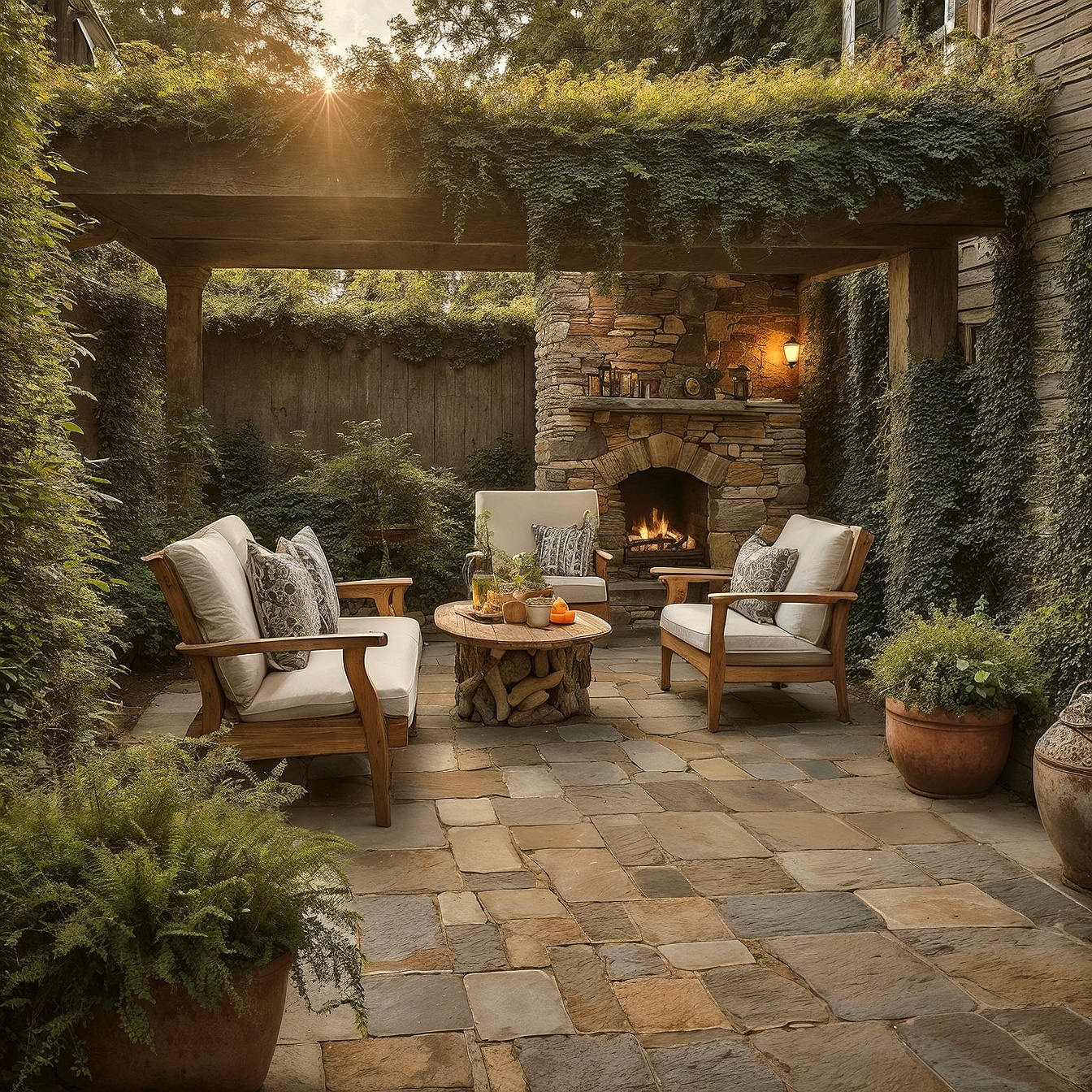 Rustic Patio With Soft Stone, Stone Fireplace And Patted Chairs With Bistro Table