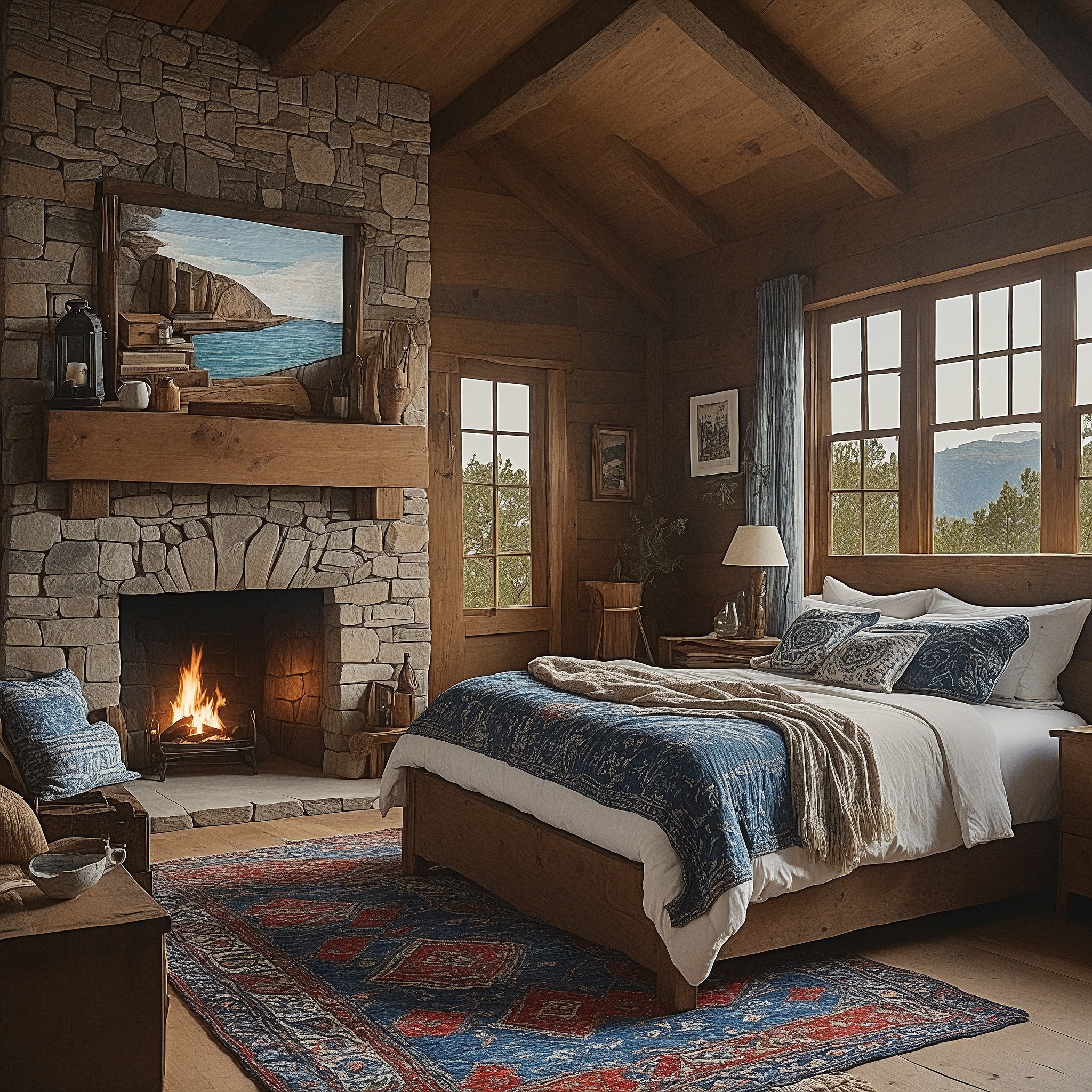 Rustic coastal bedroom with a cozy cabin feel, featuring reclaimed wood walls, a stone fireplace, and a bed covered in a plaid quilt