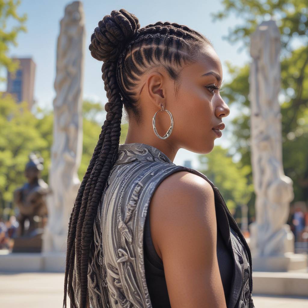 Side Box Cornrows With High Bun With Loose Braids