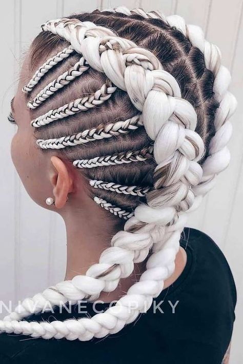 Side Vertical Cornrows With Double Chunky Braidd Pigtails