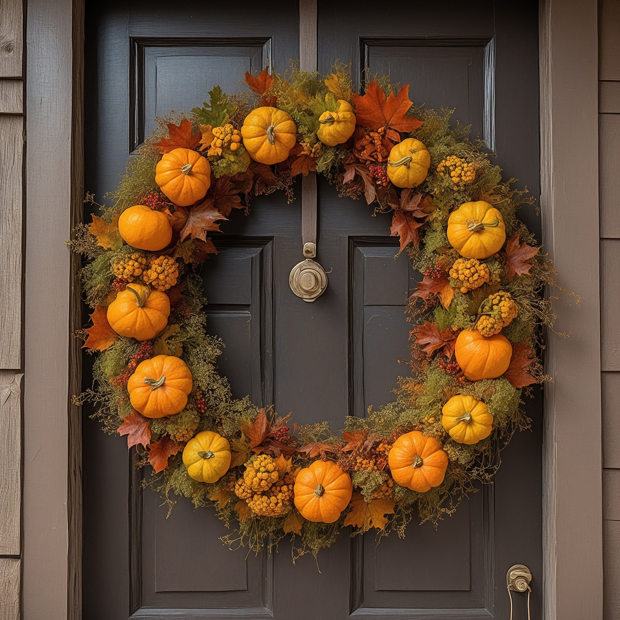 Small Yellow and Brown Gourds, Vibrant Orange Leaves, and Faux Moss