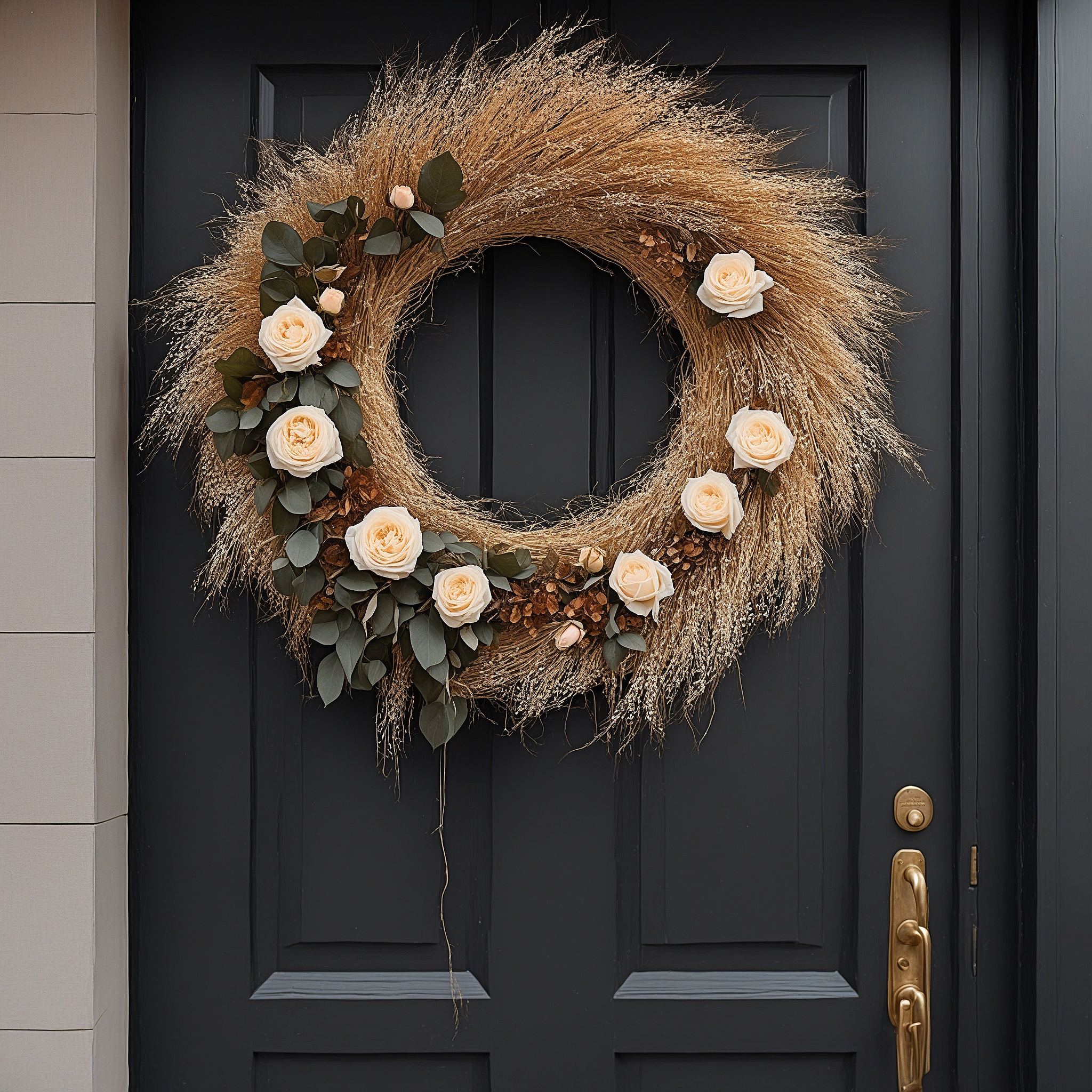 Soft Beige Pampas Grass, Faux Cream Roses, and Eucalyptus Leaves