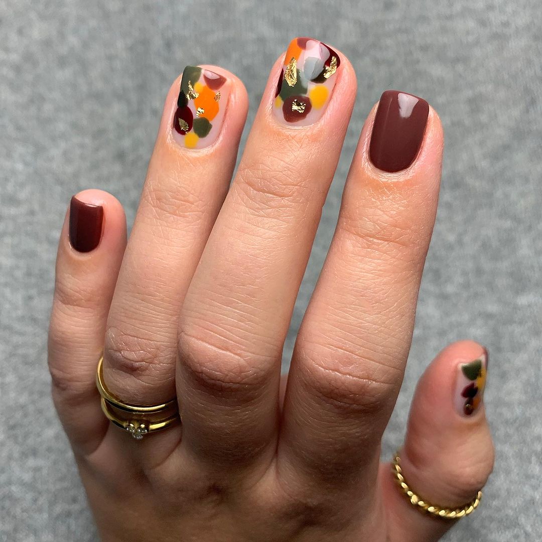 Solid Brown Nails With Fll Color Abstract Design