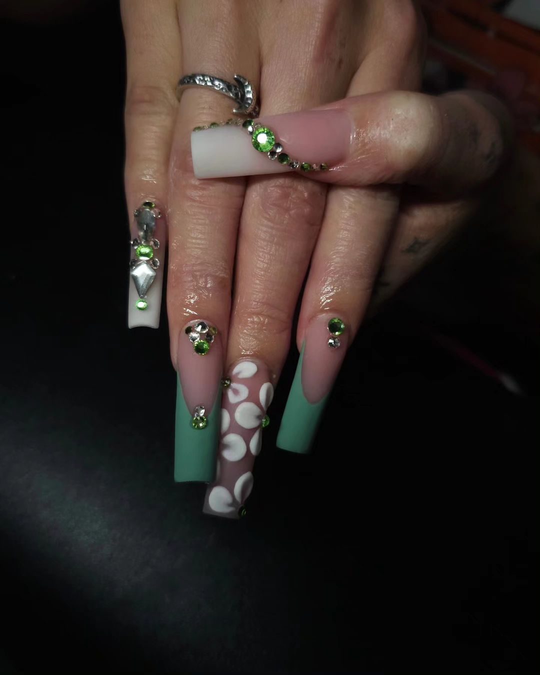 Square Green Sage French Nail With Rhinestones and White Acrylic Flower Petals