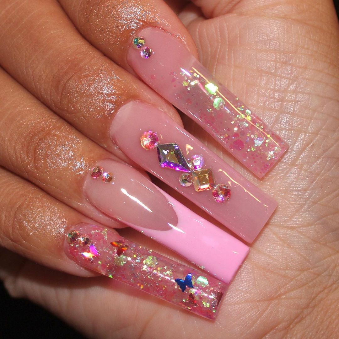 Square Soft Pink Rhinestone and Confetti Glitter Nails