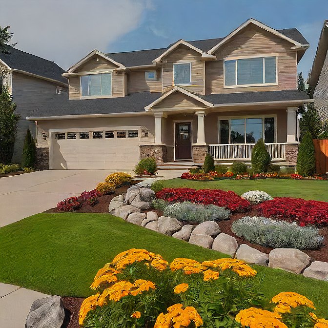 Suburban Home With Vibrant Landscaping of Marigolds, Petunias, and Trimmed Evergreen Shrubs in Garden Beds With Mulch