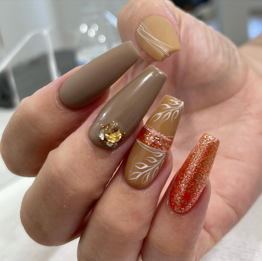 Taupe Fall Nails With Orange And Gold Glitter