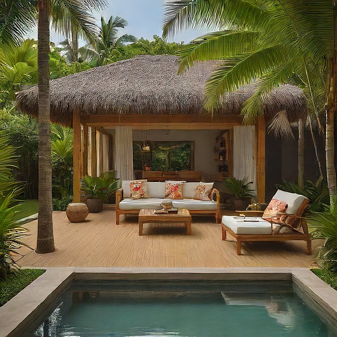 Tropical Patio Extension With a Bamboo Floor, Thatched Roof Pergola, Beachside Bungalow