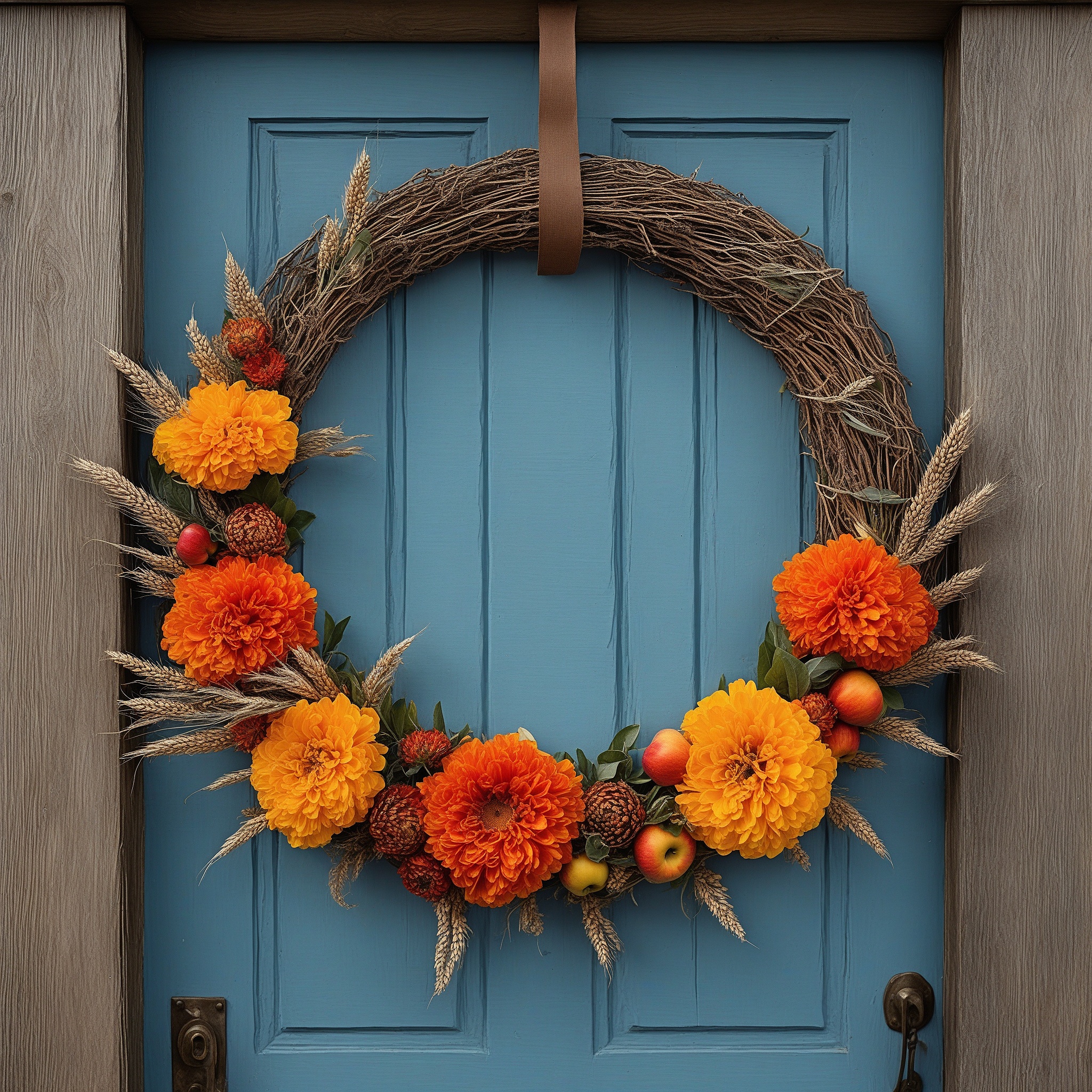 Vibrant Orange Marigolds, Brown Wheat Stalks, and Faux Apples