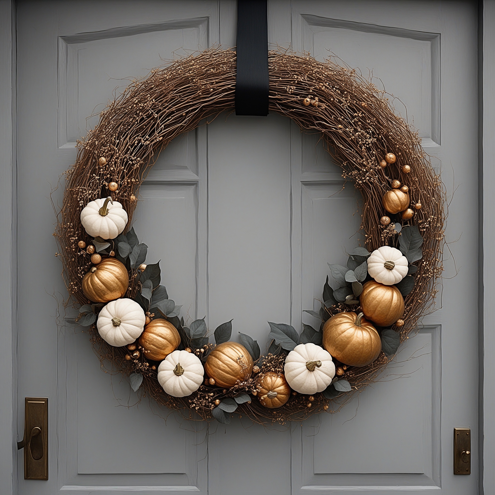 White And Gold Faux Pumpkins, Dark Green Leaves, and a Black Satin Ribbon