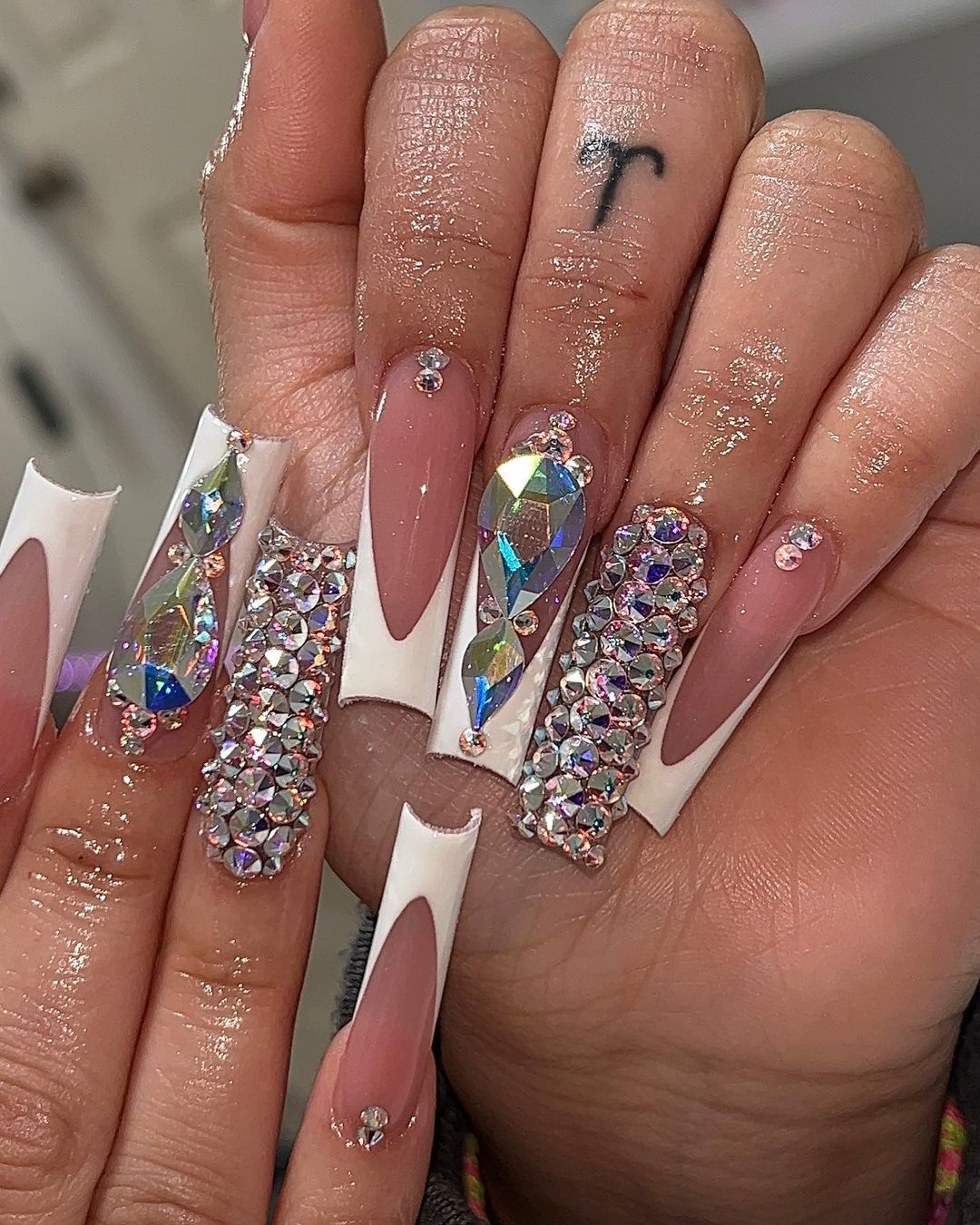 White Tip Clear Nails With Rhinestones