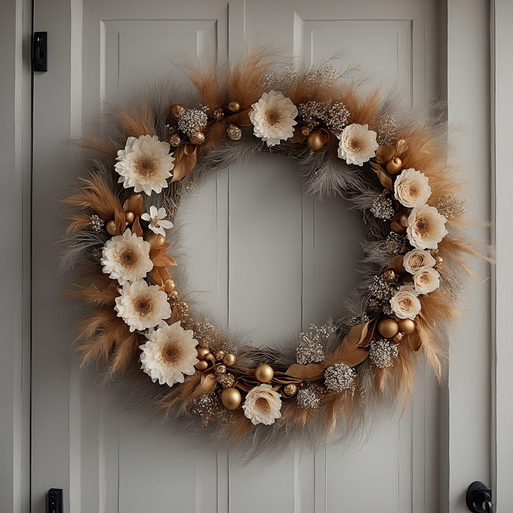 White and Gold Flowers, Dusty Miller, and Faux Feathers