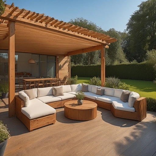 Wooden Deck Patio Extension With Sectional Sofa Cofffe Table And Outdoor Kitchen