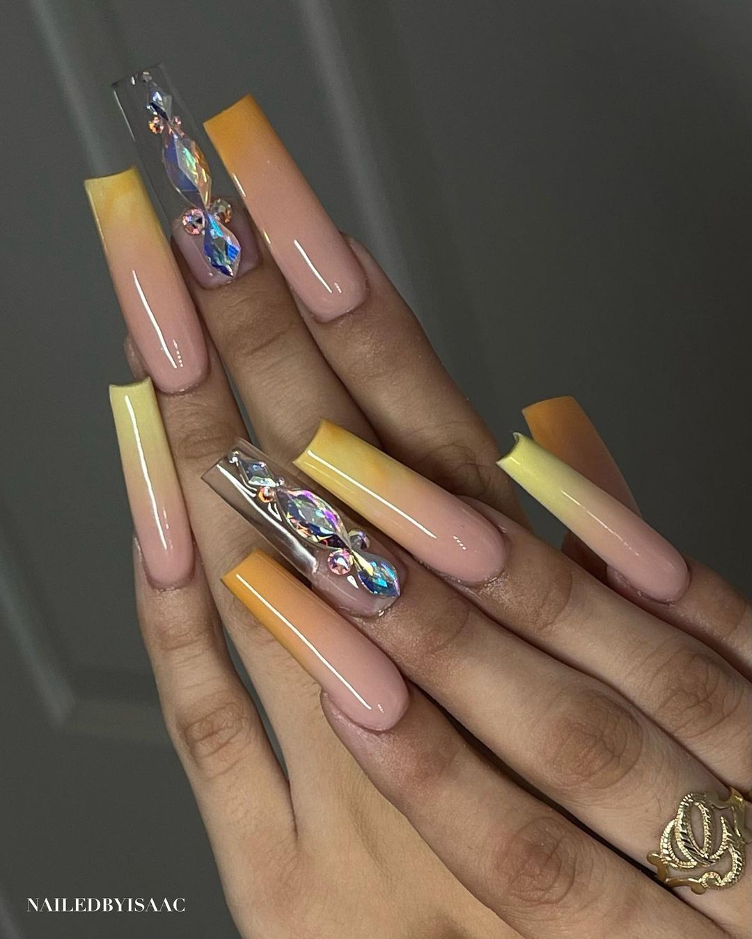 Yellow Ombre Acrylic Nails With Accent Rhinestone Nail