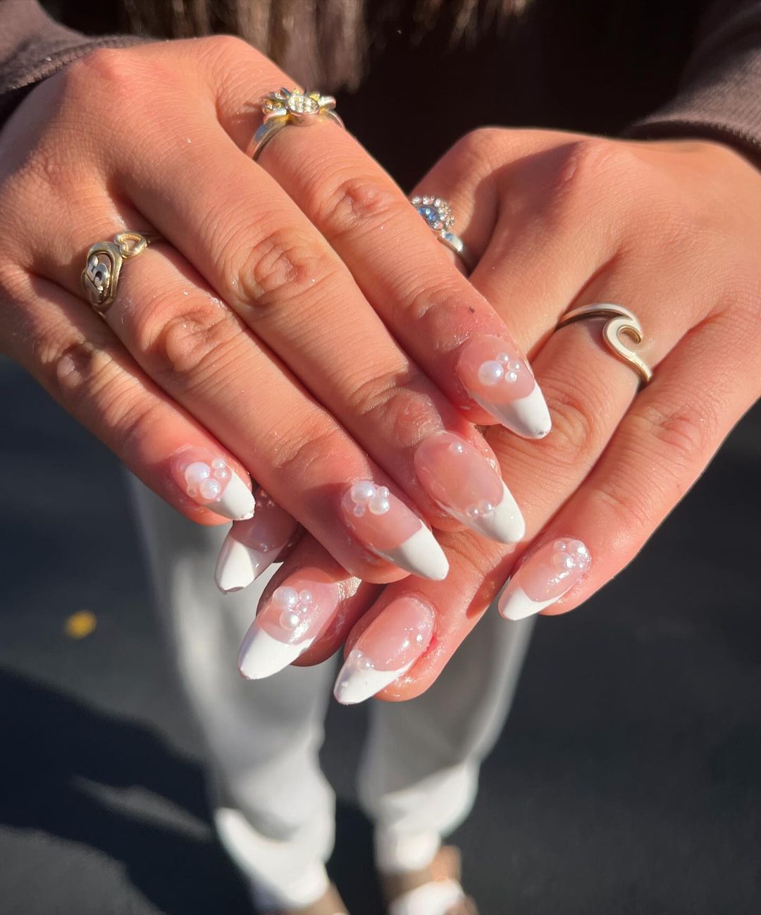 Almond White French Mani With Pearls