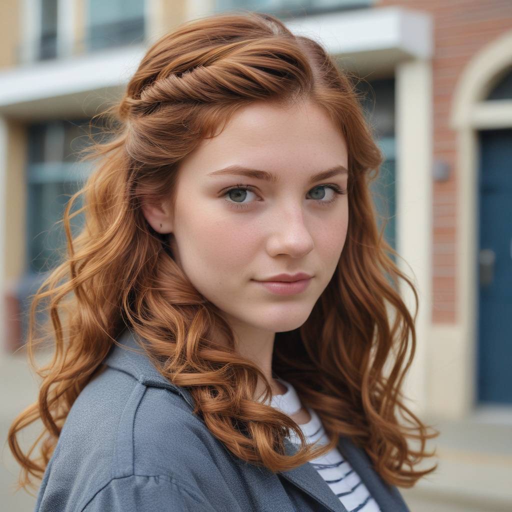 Auburn Waves With Twisted Side Braid Into Half Updo