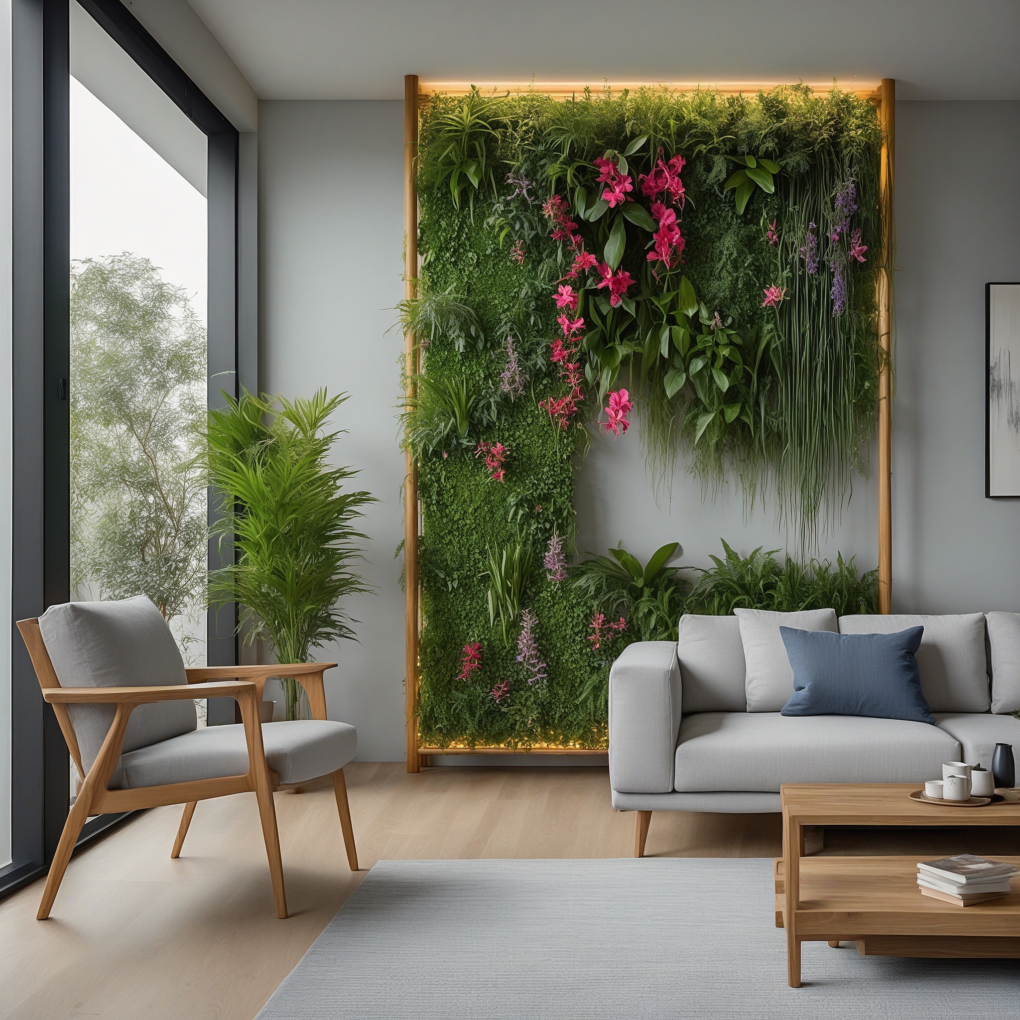 Backlit Bamboo Stickframe Vertical Garden With Hibiscus, Orchids and Greenery