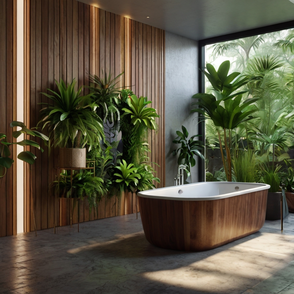 Bathroom Vertical Garden On Teak Wood Panel With Palms, Philodendrons and Ferns