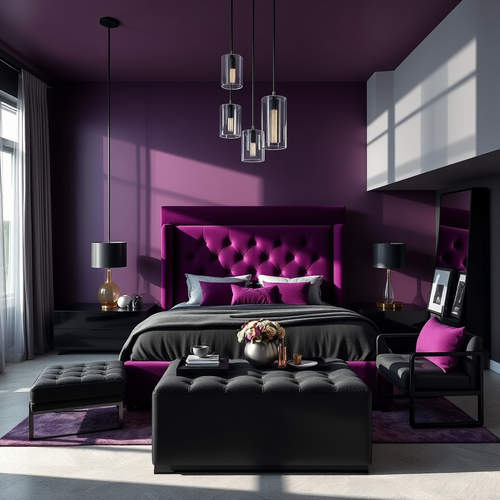 Bedromm With Dark Eggplant Walls, Silver Anf Black Accents, Minimalist Decor, Black And Rich Purple Bed