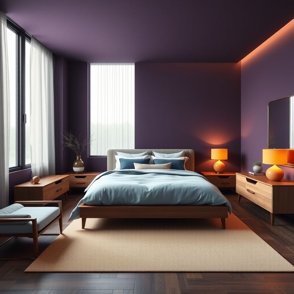 Bedroo With Dark Purple Walls, Light Blue Bedding, Wood Furniture, Beige Area Rug, Orange Lamps